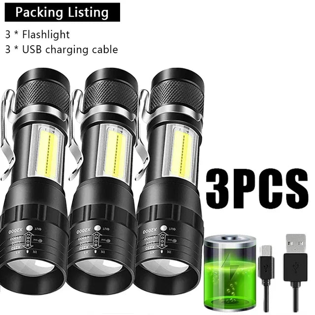 lampe torche noire rechargeable zoomable lumières led modes strobe campingurgence