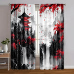 rideau moderne paysage abstrait pagode arbres cascades polyester rouge noir blanc