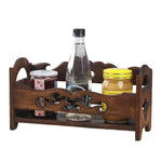 rangement bois marron sculpté bouteilles bocaux transparents cuisine décoratif rustique