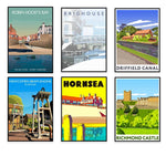 Cette image présente une collection de six affiches vintage représentant différentes attractions touristiques du Royaume-Uni, notamment Robin Hood's Bay, Brighouse, le canal de Driffield, le moteur à poutre de Newcomen à Elsecar, Hornsea et le château de Richmond.