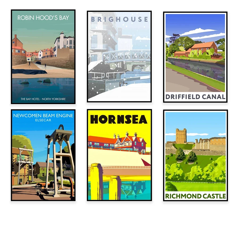 Cette image présente une collection de six affiches vintage représentant différentes attractions touristiques du Royaume-Uni, notamment Robin Hood's Bay, Brighouse, le canal de Driffield, le moteur à poutre de Newcomen à Elsecar, Hornsea et le château de Richmond.