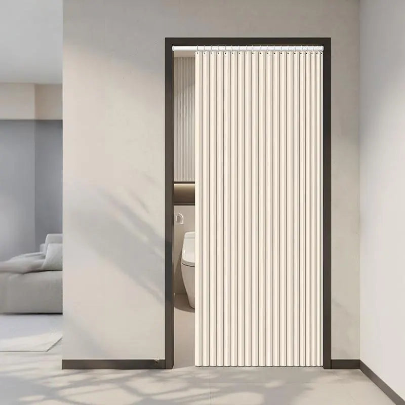 rideau porte pliable rayures verticales beige gris moderne séparation pièce salon intérieur tissu polyester
