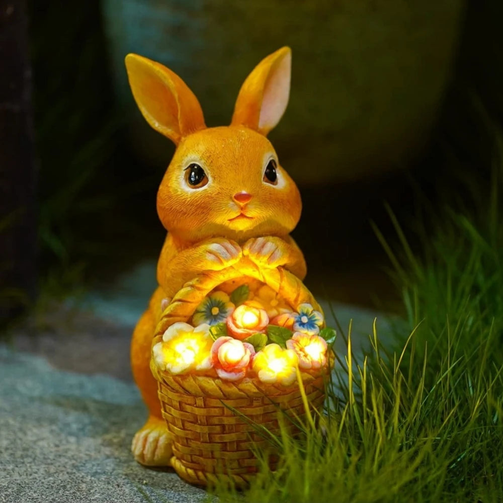statue lapin fleurs jardin solaire led couleur vives decorative printemps exterieur ornement fleuri
