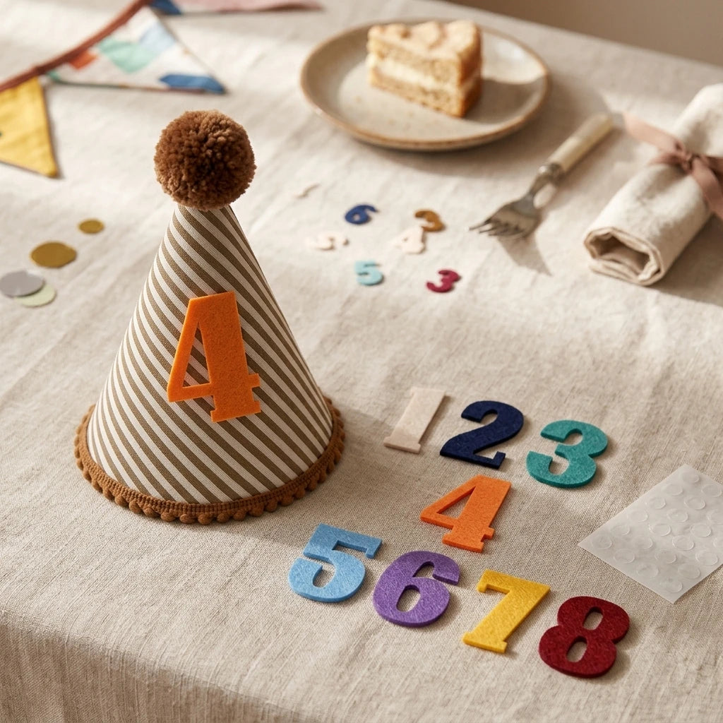 chapeau anniversaire enfant rayures pompon chiffres decoratif festif adhésif blanc marron bleu orange