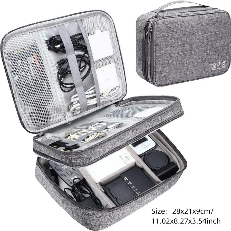 Sac bandoulière gris tissu uni pratique zipper bijoux accessoires chargeur câbles montres