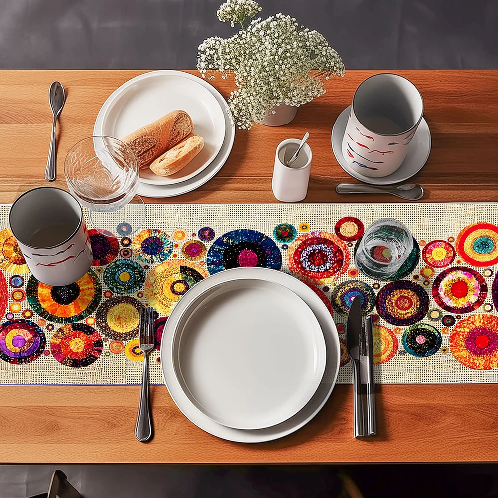 table table lin bohème motifs circulaires multicolores ethnique abstrait salle manger decoration
