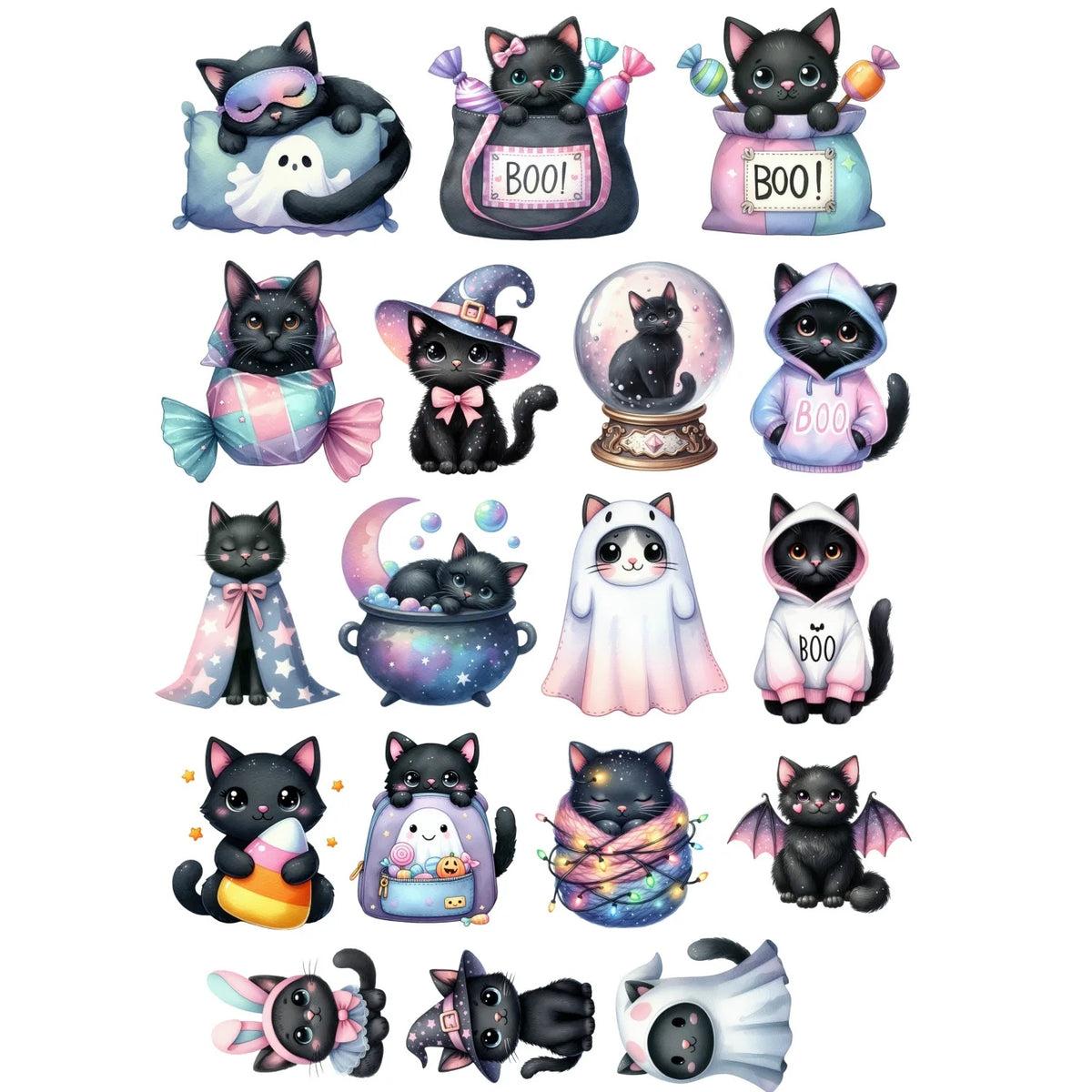 sticker halloween chats fantômes licornes mignon coloré brillant dessin animé