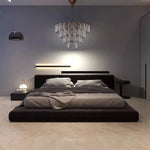 lit moderne bois noir tapis table chevet chambre coucher minimaliste