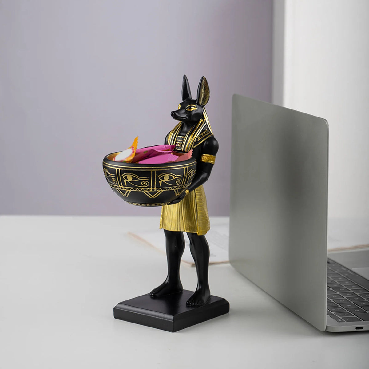 statue égyptienne anubis or noir récipient bijoux clés décorative hiéroglyphes stylée 25cm