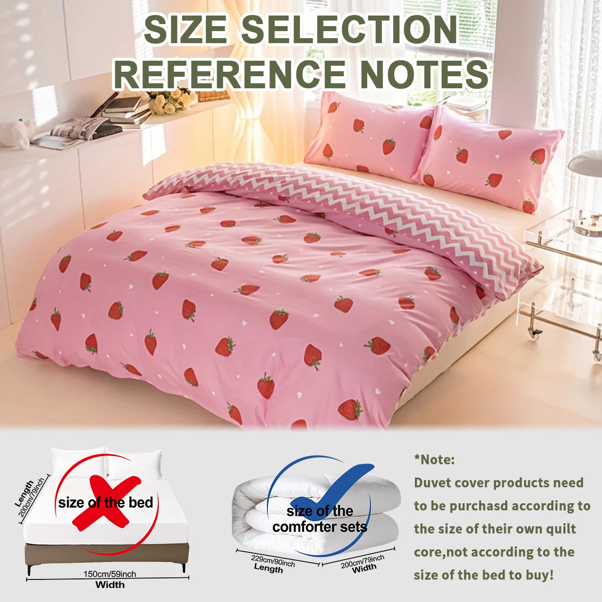 housse couette fraises moderne rose clair taies d'oreiller ultra soft enfants polyester