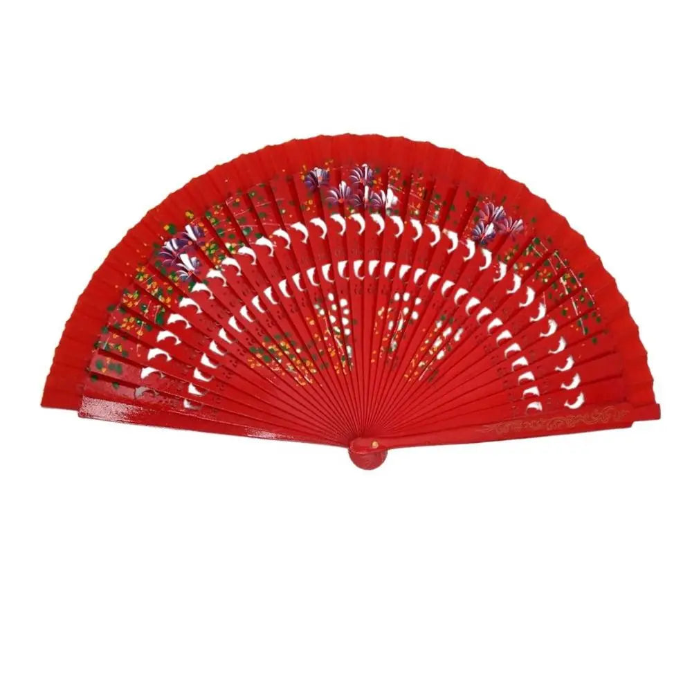 éventail pliant tissu floral bois ajouré motifs gravés couleur rose rouge traditionnel decoratif