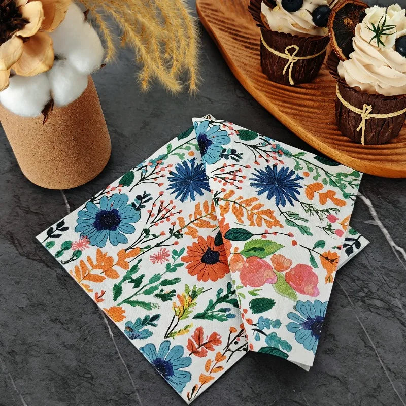 serviettes papier fleur bleue rose verte motifs floraux bohème champêtre pack 10pcs 20pcs
