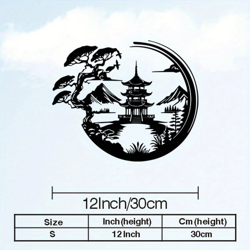 décoration murale paysage japonais pagode montagnes arbre minimaliste plaque murale noir artisanal