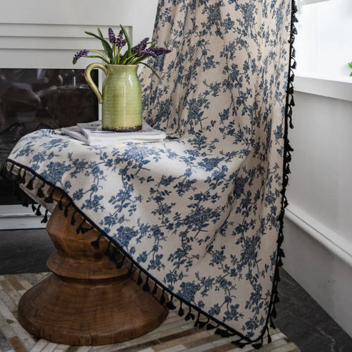 rideaux imprimés floral farmhouse tissu mélange lin crème bleu opaques tassels chambre salon