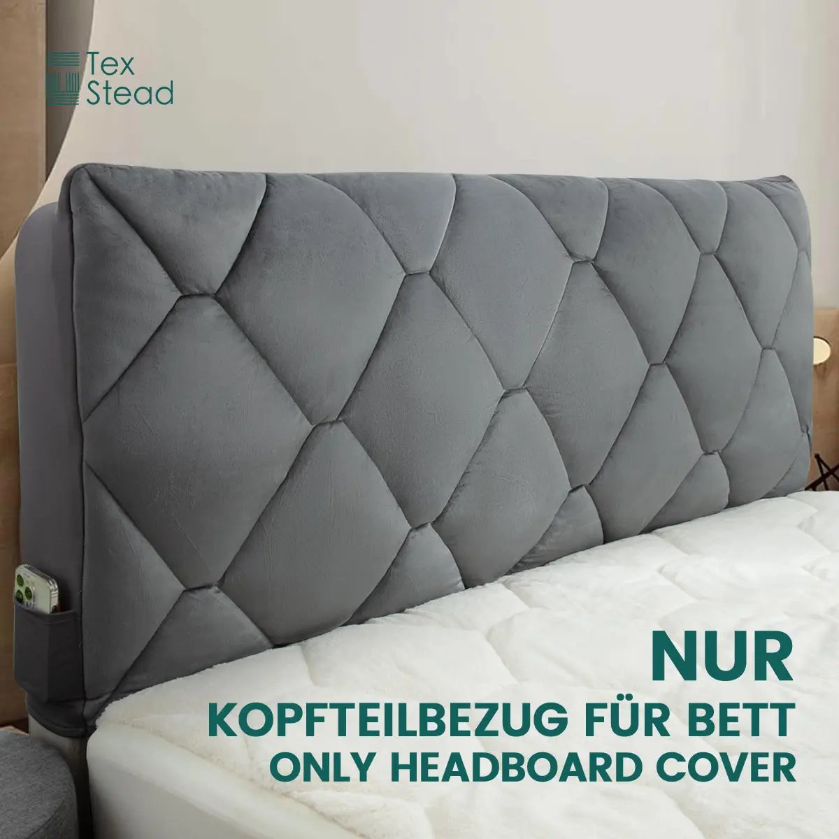 couvre tête lit gris blanc motif géométrique velours moderne adhésif poches rembourrage épais qualité
