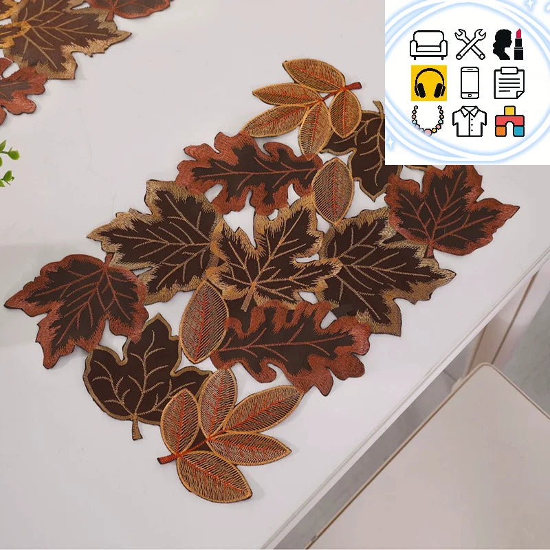 chaise table feuilles d'automne brodées marron orange doré rouge semi transparent rustic chic