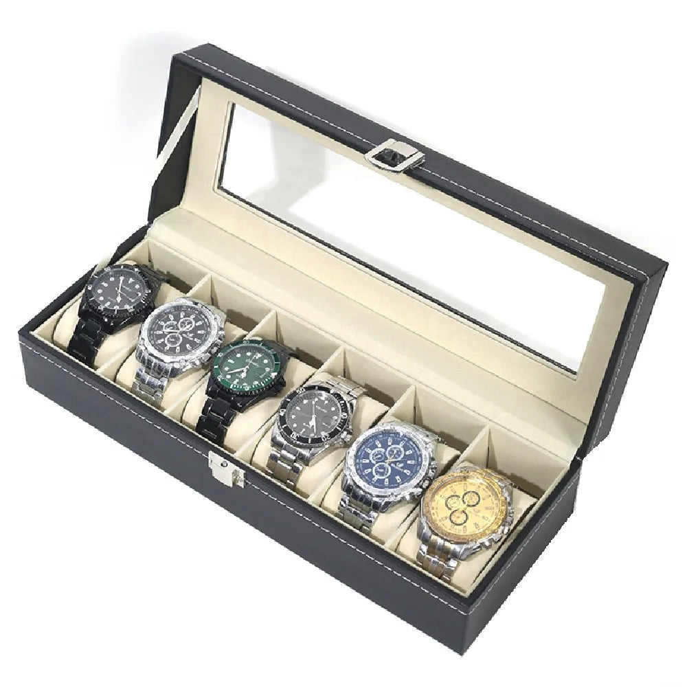 boîtes montres simili cuir noires classiques verrouillables coussinets amovibles compartiments multiples grandes vitres transparentes