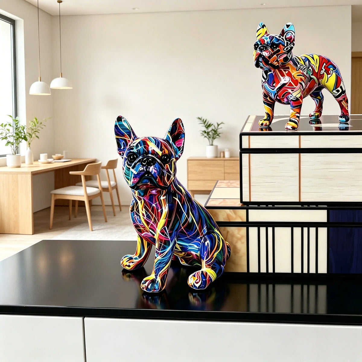 statuette chien multicolore moderne graphique résine abstraite ornement animal