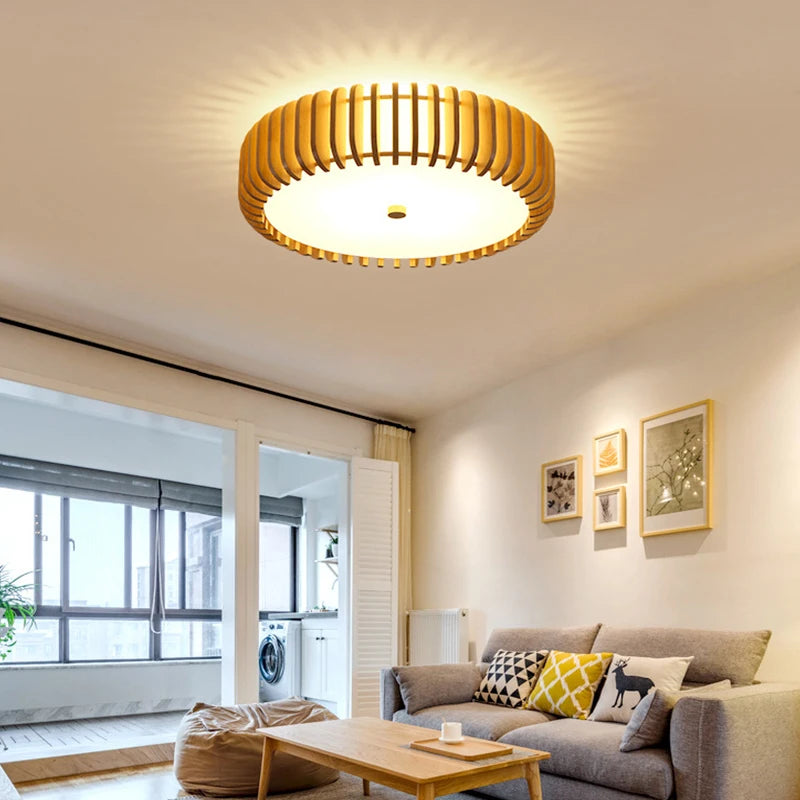 lampe moderne bois naturel blanc rayures horizontales diffuseur acrylique éclairage salon chambre cuisine