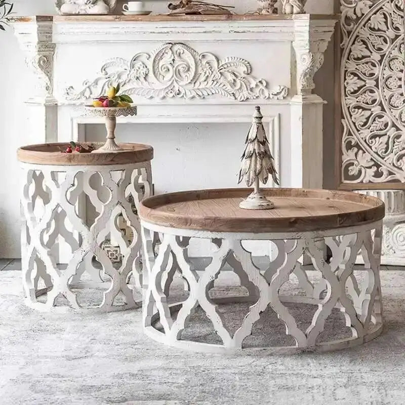table basse rustique bois blanc structure ajourée vintage 81cm 81cm 42cm