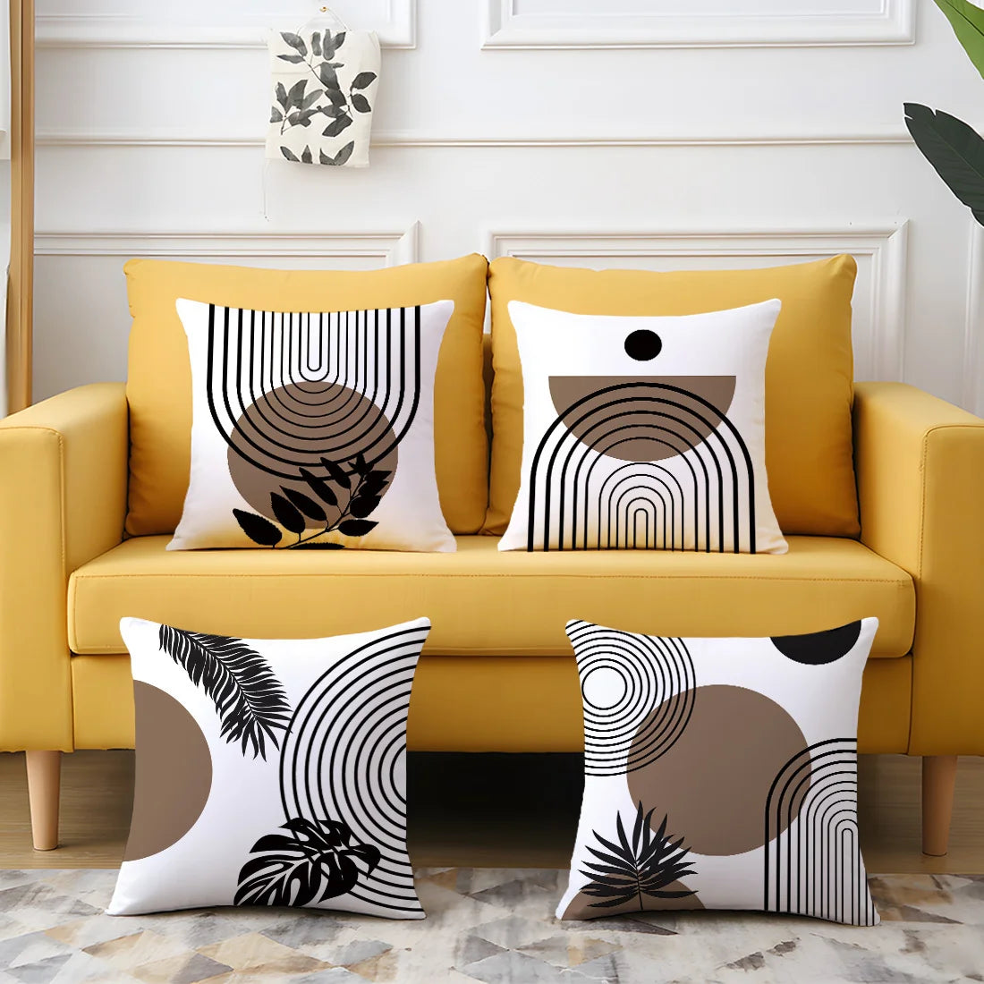taies d'oreiller polyester motifs géométriques feuilles moderne blanc marron noir opaques canapé lit 40x40cm