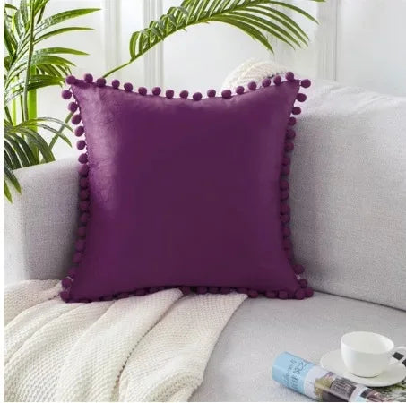 taies d'oreiller velours moderne gris jaune rose bleu blanc pompons non toxique polyester 45x45cm