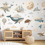 sticker mural thème océan baleines tortues bateaux 3d adhésif enfant illustration marine