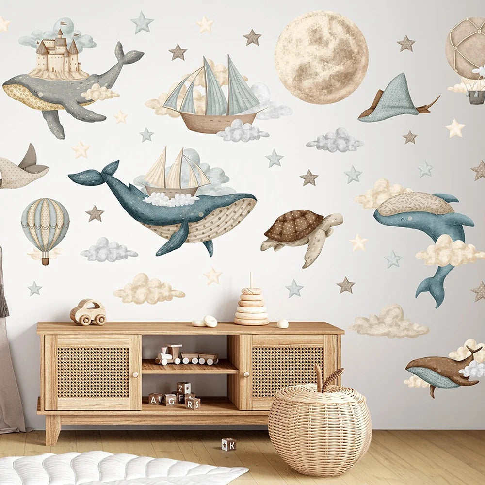 sticker mural thème océan baleines tortues bateaux 3d adhésif enfant illustration marine