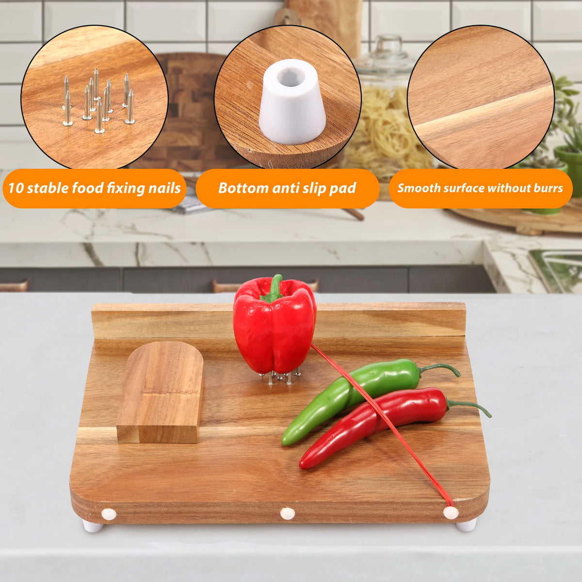 planche découper bois marron clair poignée élastiques fruits légumes adapté personnes âgées