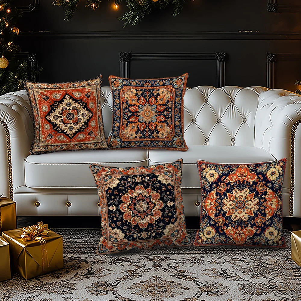 taies d'oreiller décoratives motifs floraux géométriques vintage bleu marine orange beige blanc polyester peachskin