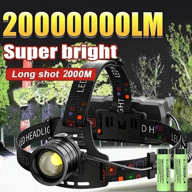 lampe frontale led noire imprimée geometrique modes ipx6 rechargeable usb type camping