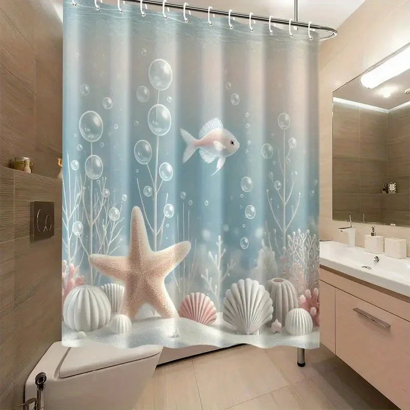 rideau douche thème marin bleu clair rose pâle étoiles mer coquillages poissons bulles moderne