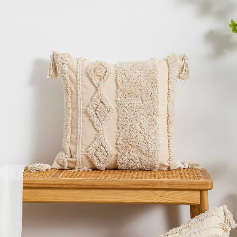 coussin beige géométrique frange boho chic intérieur décoration maison lavable