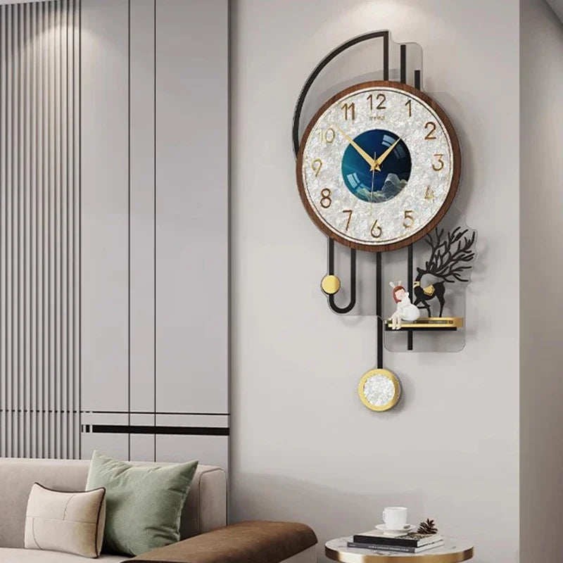 horloge murale moderne bois marron bleu doré figurine cerf pendule