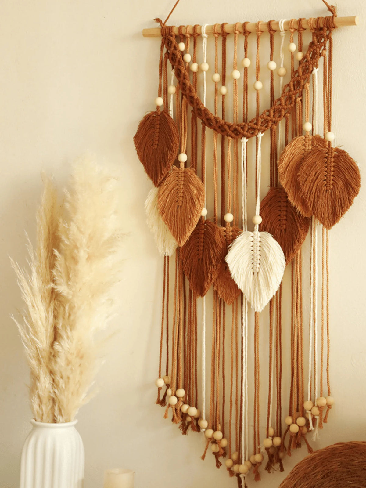 tapisserie murale macramé feuilles bois boho tressé coton lavable marron beige