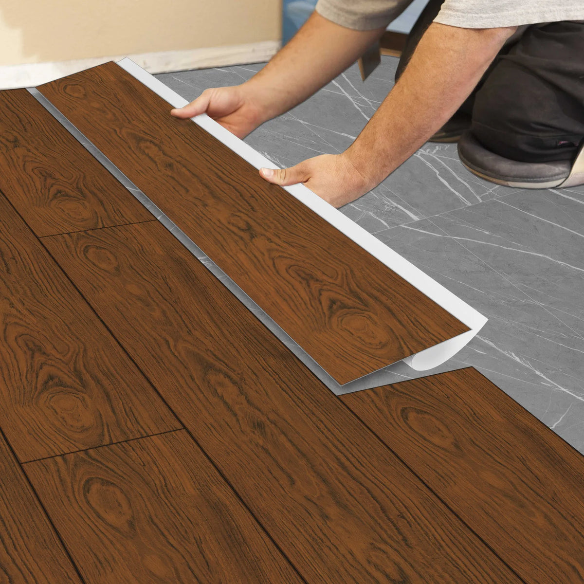 planchers auto adhésifs aspect bois naturel motifs géométriques moderne rustique marron gris beige bleu