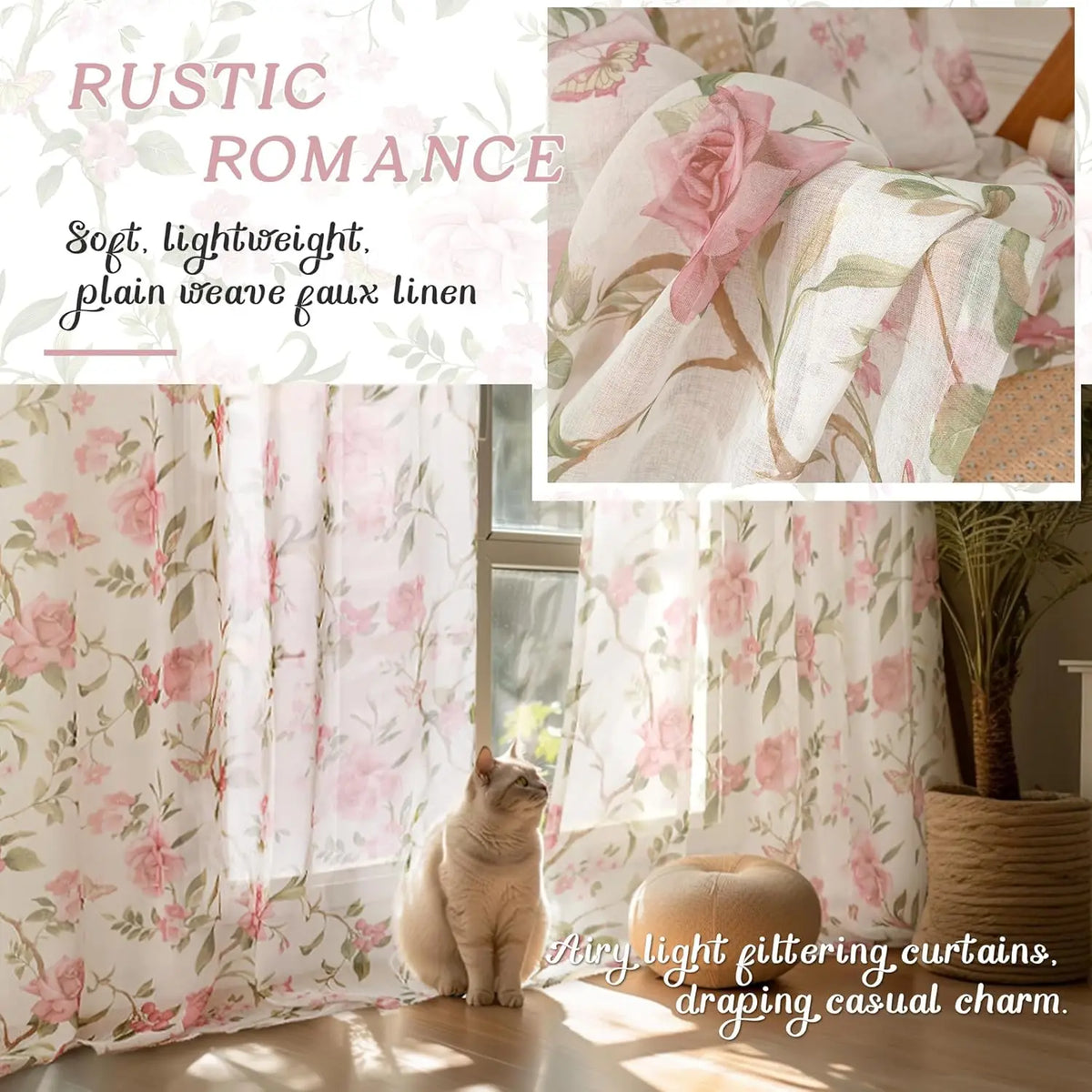 rideaux légers fleur rose jaune motifs floraux champêtre translucides salon chambre coucher