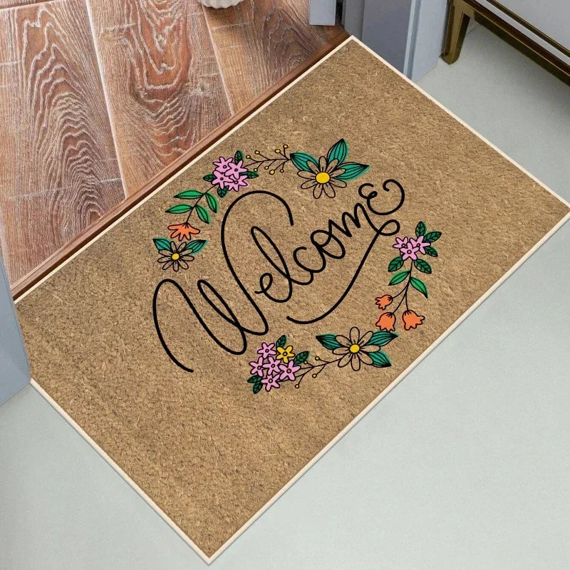 tapis d'entrée multicolore fleurs papillons texte hello moderne antidérapant extérieur 40x60cm