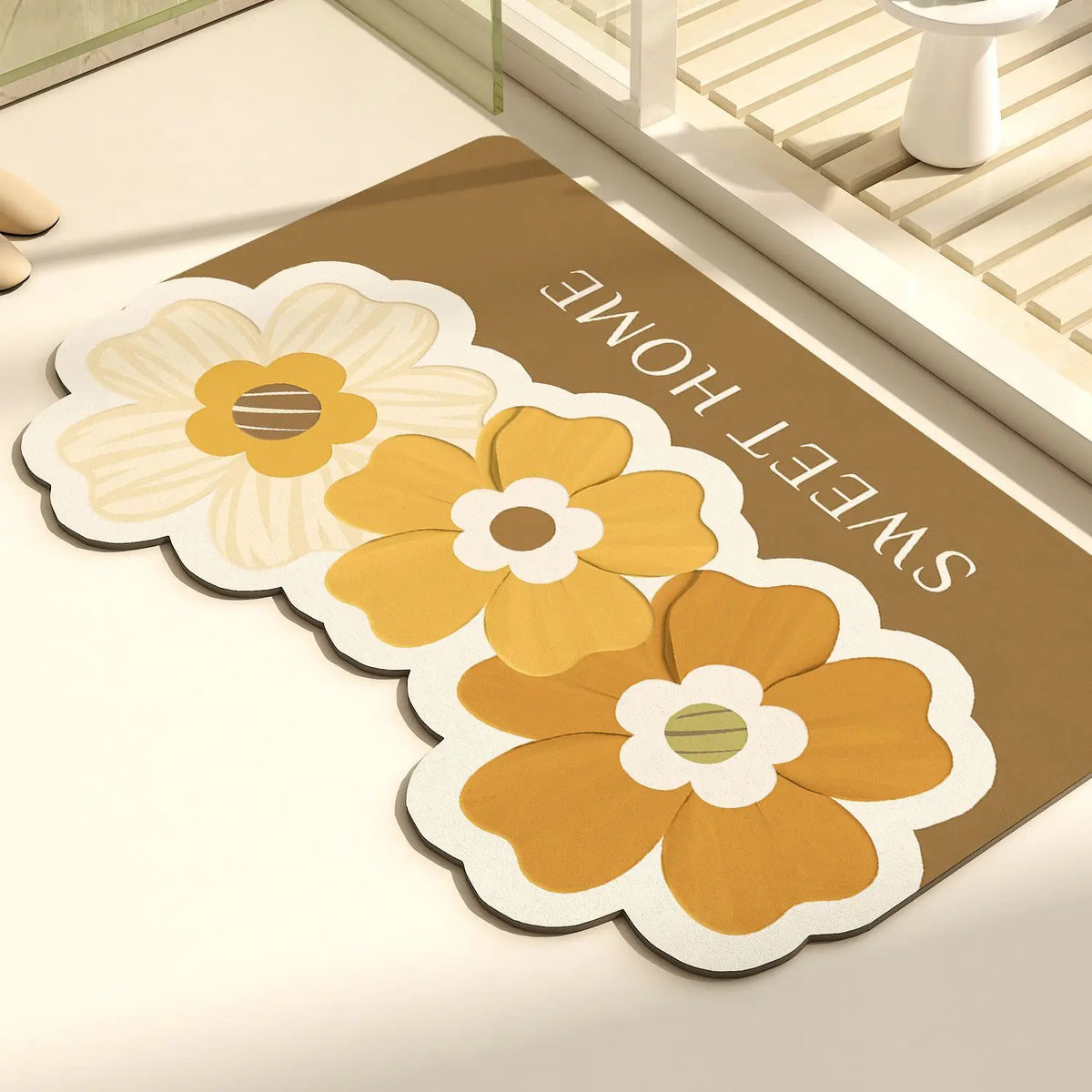 tapis sol marron vert fleurs stylisées moderne antidérapant résistant décoloration
