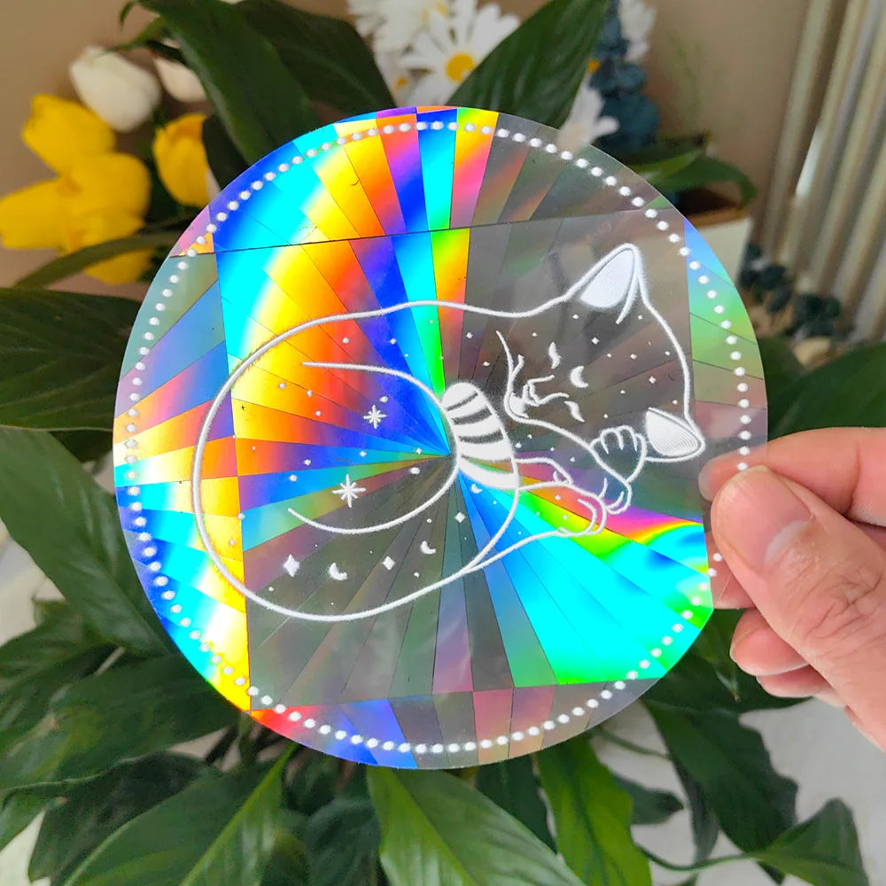 étiquettes solaires holographiques transparentes motifs planètes chats soleils modernes adhésives blanches minimalistes