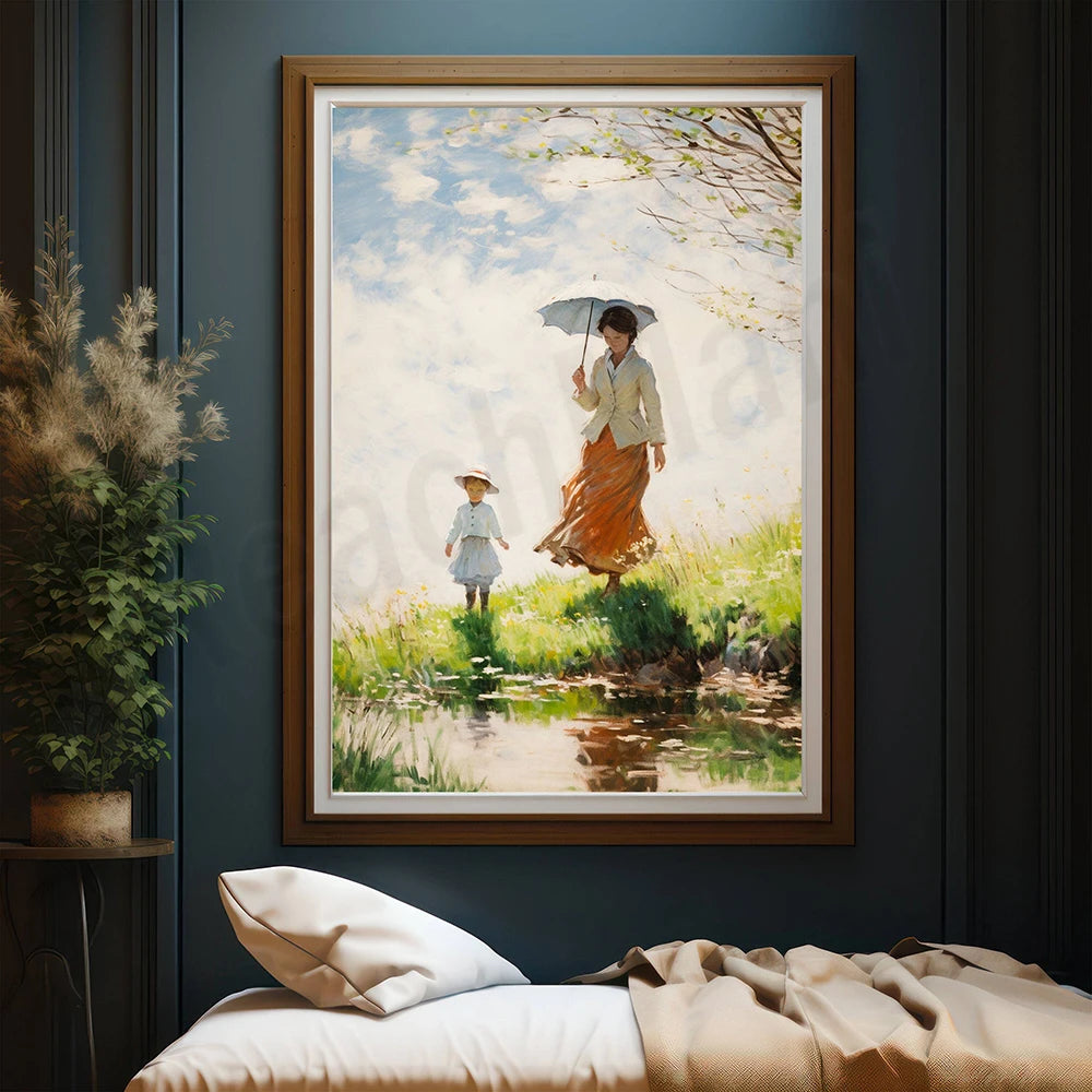 Une femme et un enfant marchent sous la pluie dans un paysage verdoyant, avec un parapluie pour se protéger des gouttes.