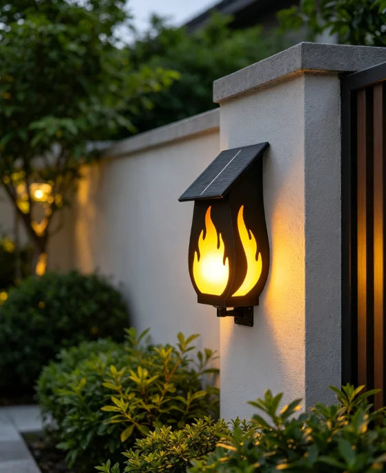 lampe solaire murale moderne flamme stylisée noir éclairage extérieur ambiancé jardin