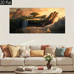 affiche murale paysage fantastique main géante îlot arbres cascades bateau coucher soleil abstraite multicolore