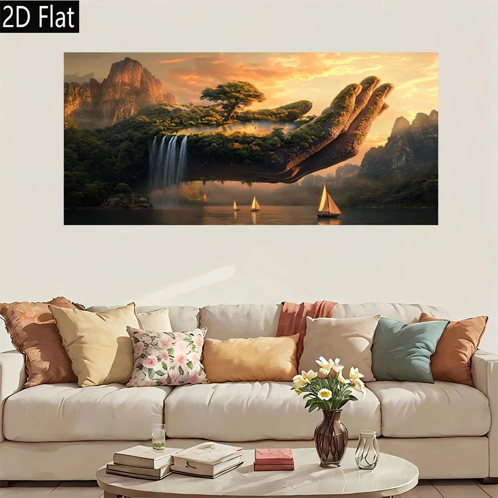 affiche murale paysage fantastique main géante îlot arbres cascades bateau coucher soleil abstraite multicolore