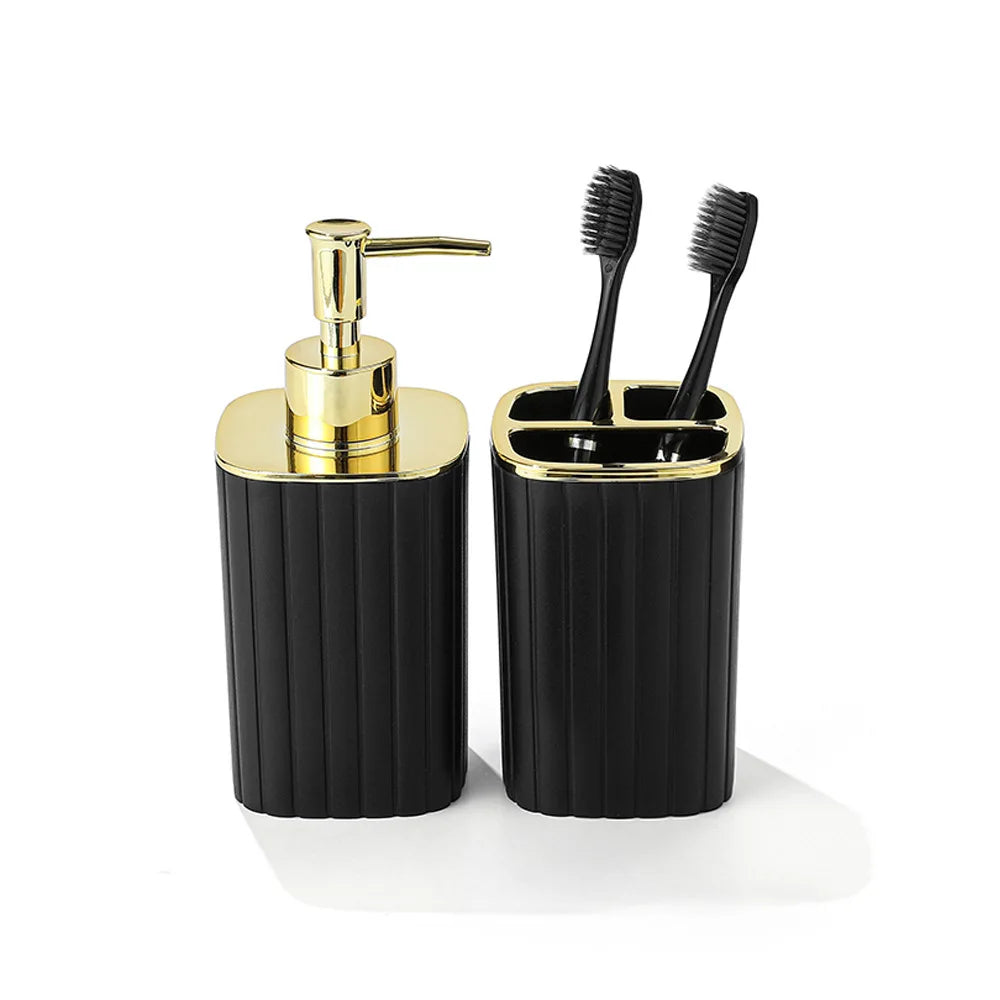 porte brosses dents distribiteur savon moderne noir or blanc or texturé vertical salle bain