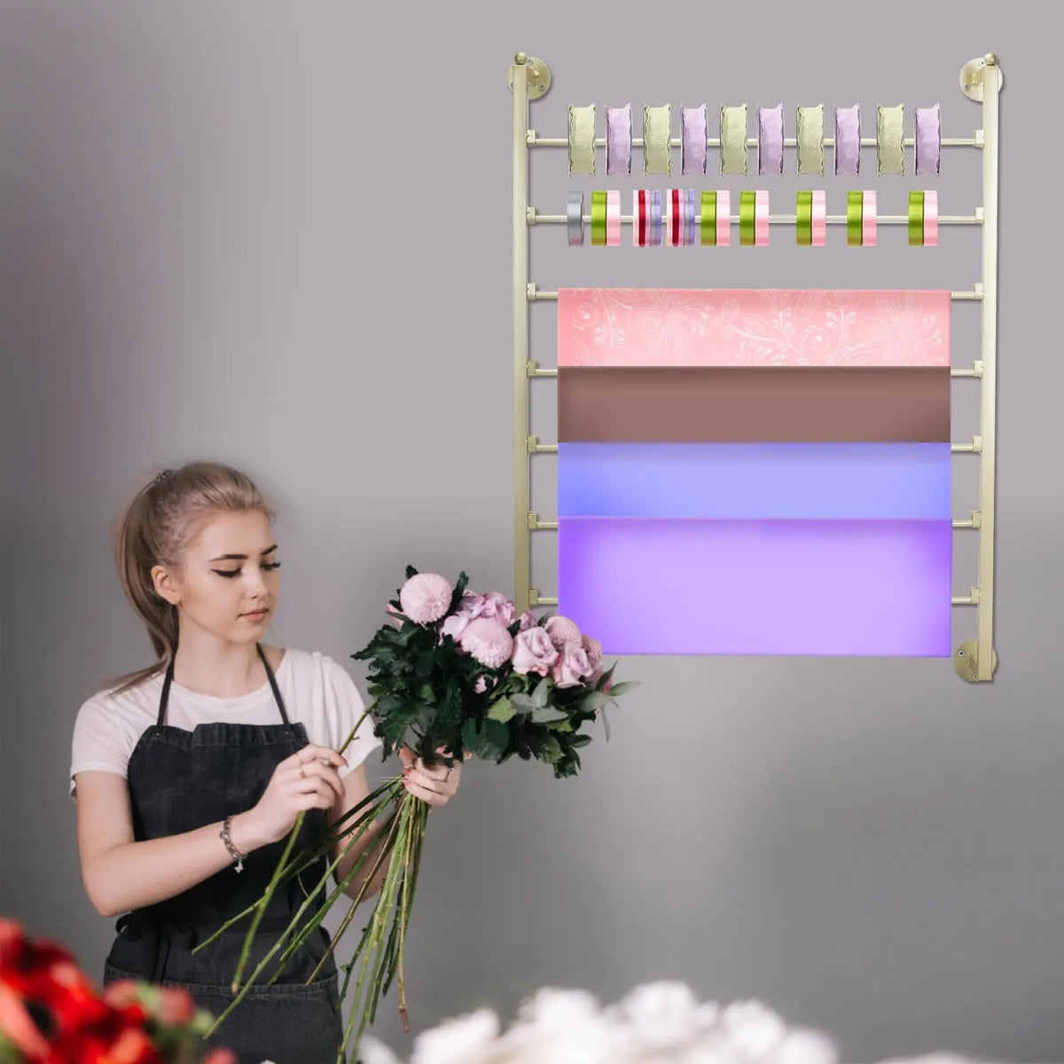 rangement rubans papier mural industriel multiusage noir or rose bleu violet beige blanc rouge