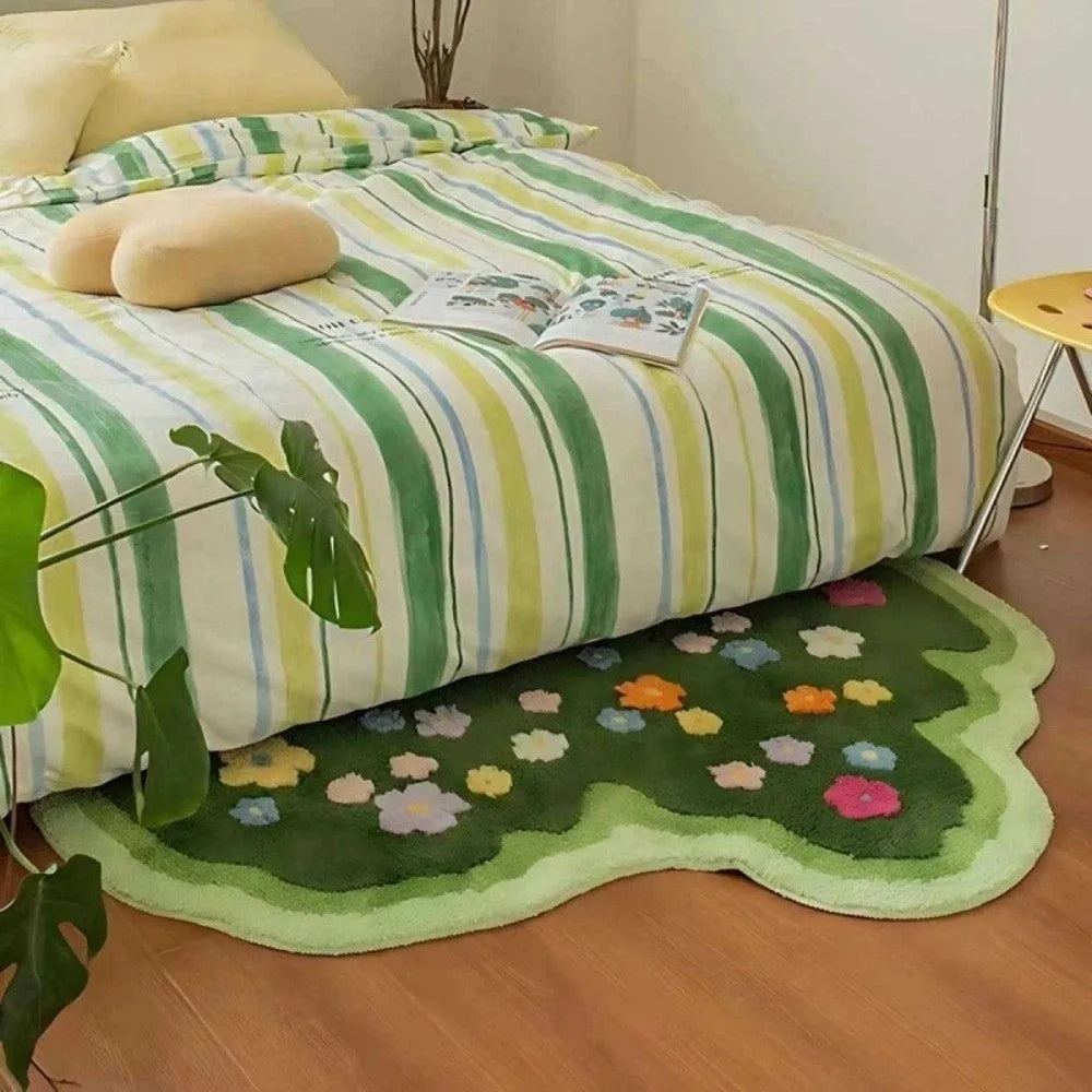 tapis vert fleurs moderne intérieur polypropylène géométrique jaune blanc rose orange doux