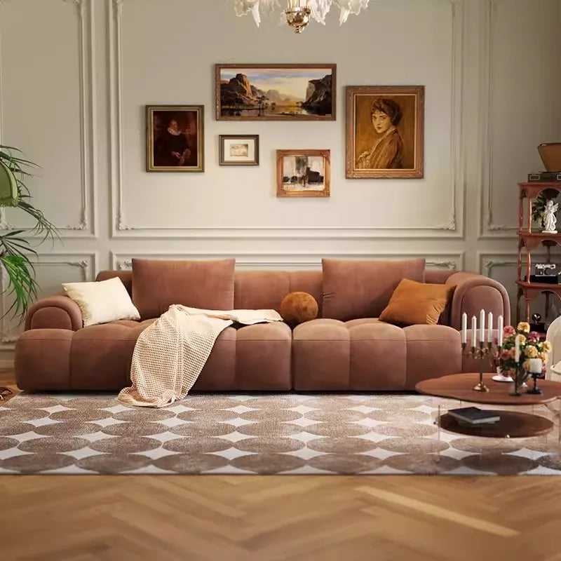 canapé d'angle moderne velours marron coussins salon meubles bois scandinave minimaliste