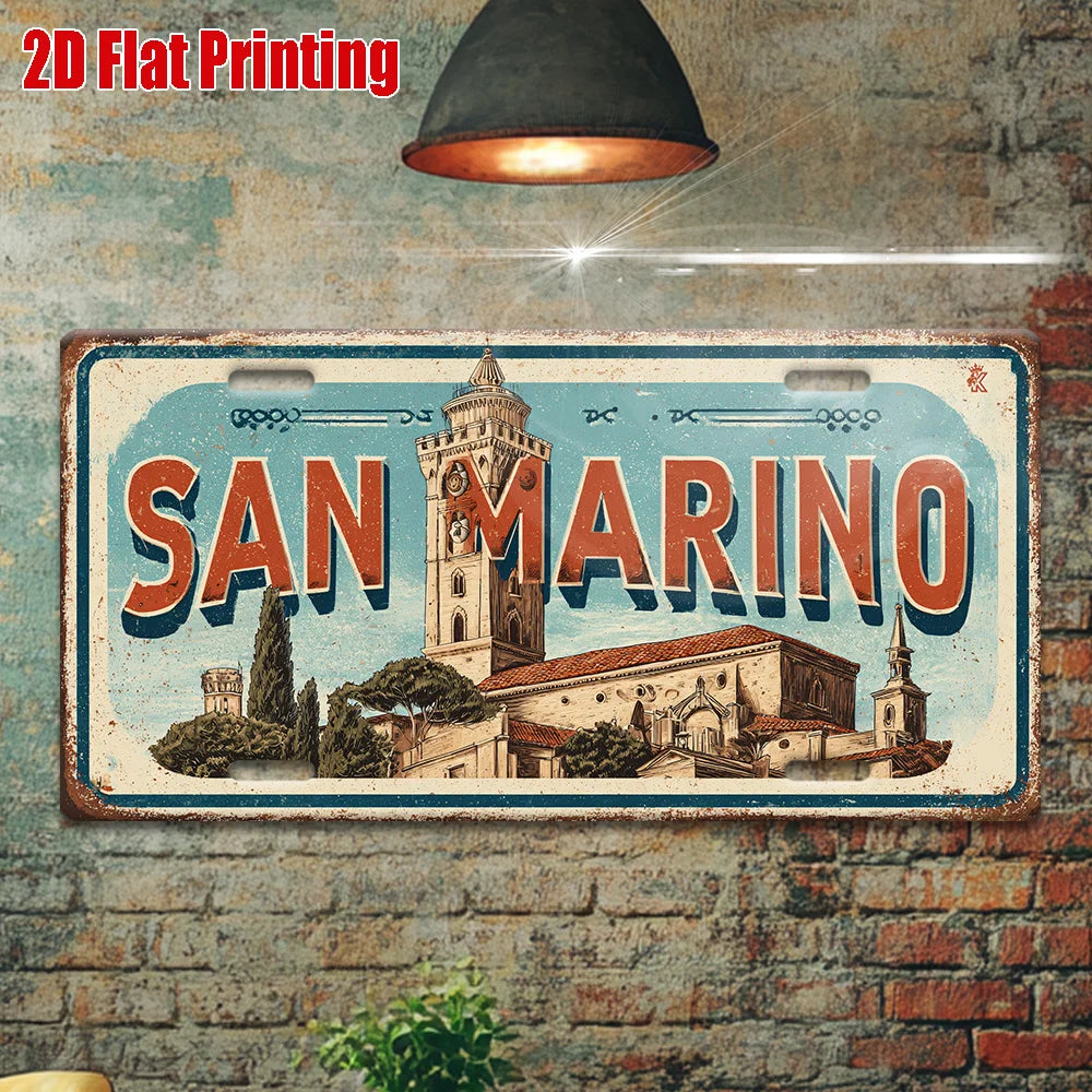plaque décorative vintage paysage urbain san marino aluminium bleu blanc rouge vert