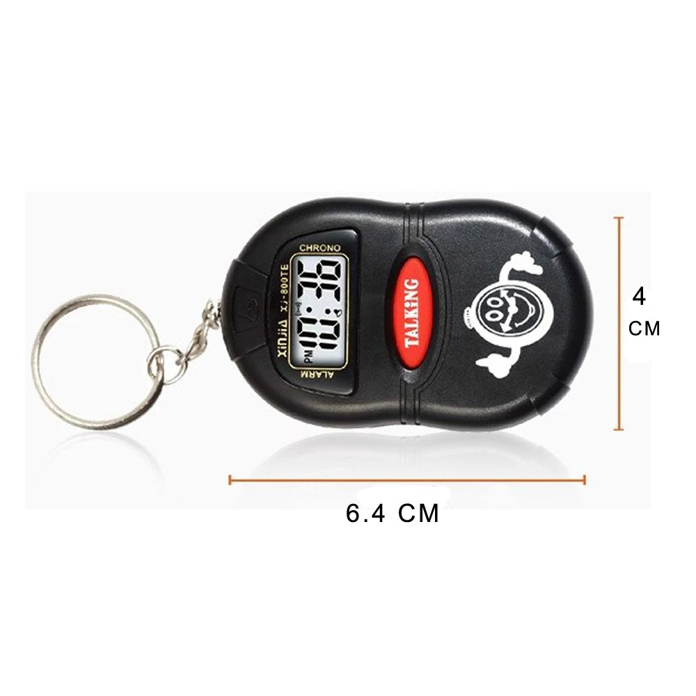 horloge parlante réveil numérique horaire carillon timer visage souriant boutons rouges moderne compact anneaux